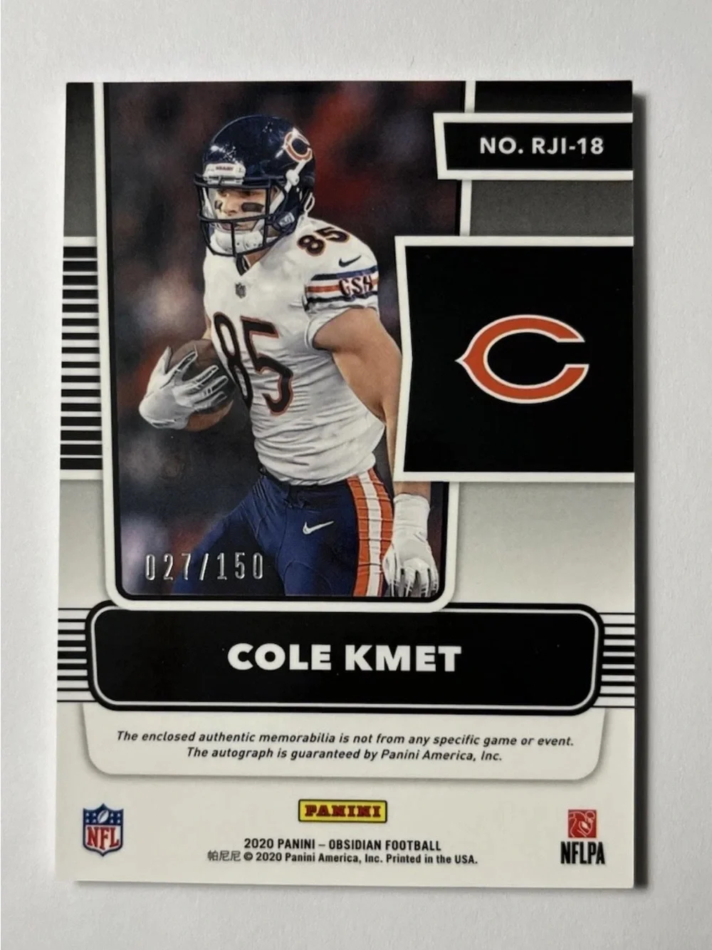 2020 Panini Obsidian - Cole Kmet ROOKIE JERSEY PATCH AUTOGRAPH 027/150 - Bears